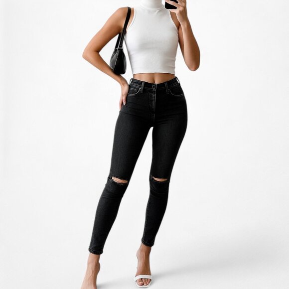 Topshop Dark Gray Faded Wash High Waisted Ripped Knee Skinny Jeans Size XS - Picture 2 of 7